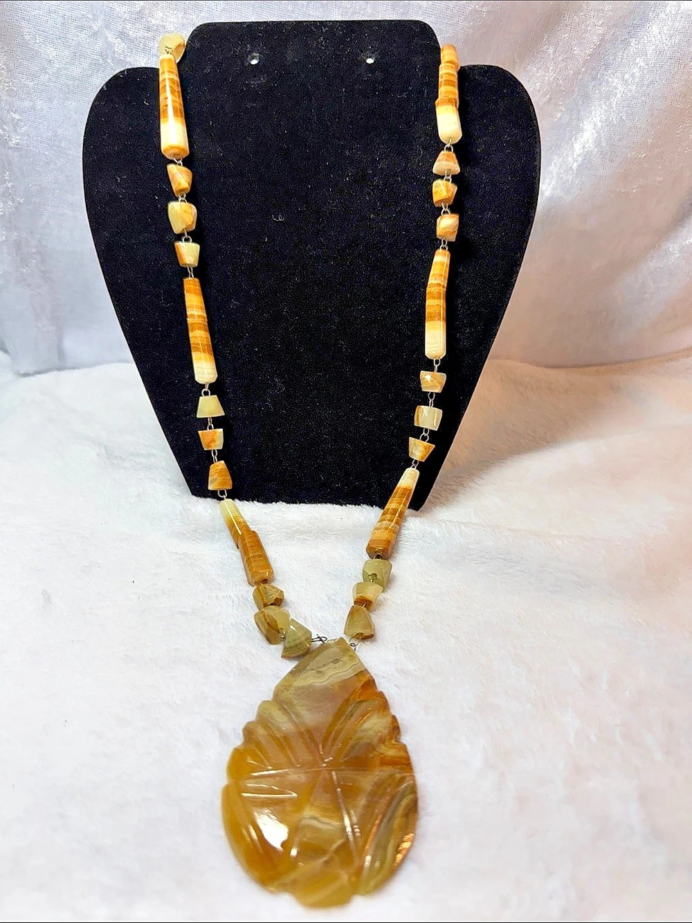 Carved Stone Pendant Necklace in Brown & Yellow